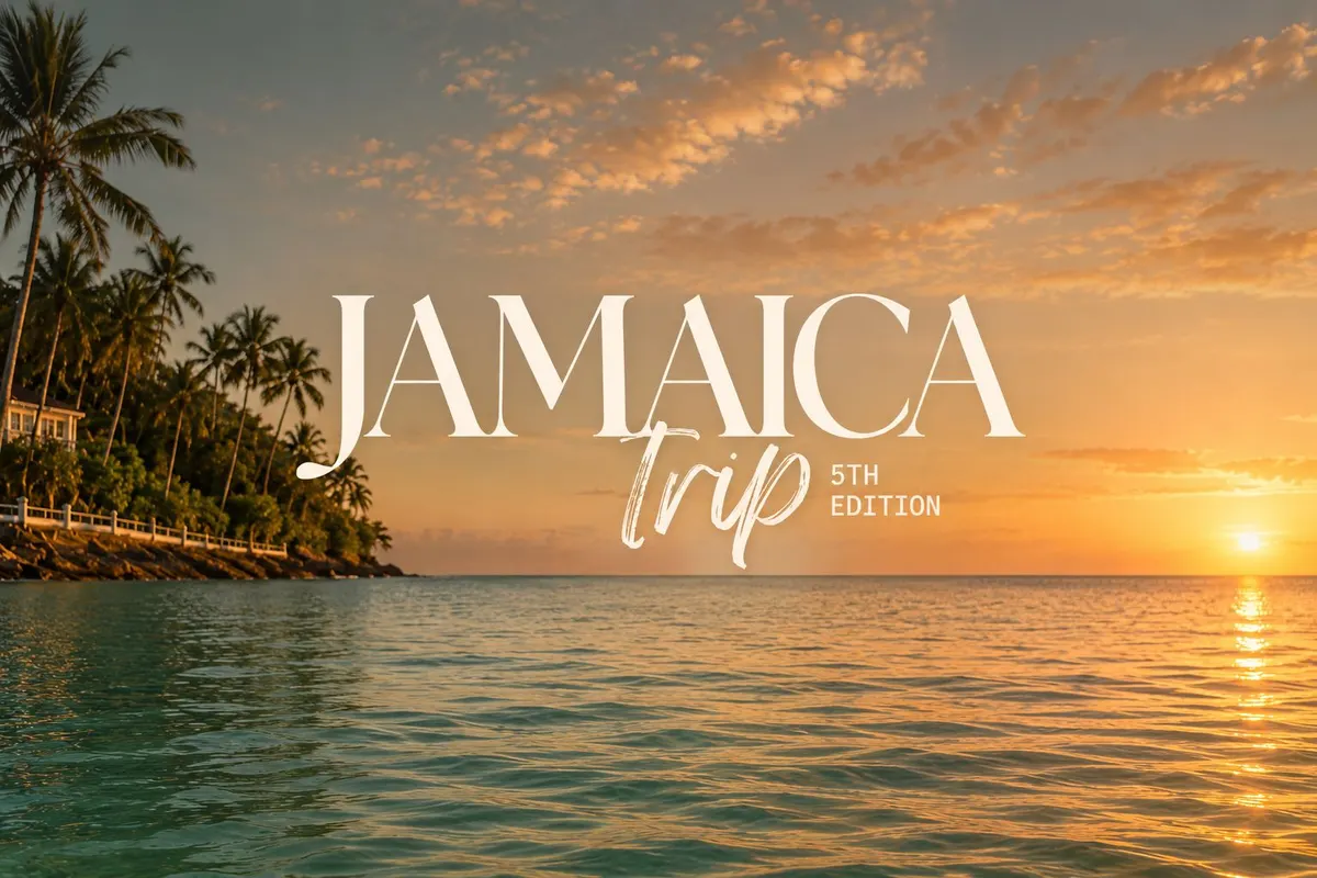 The Jamaica Trip poster, 5th edition: sunset over the sea and palm trees